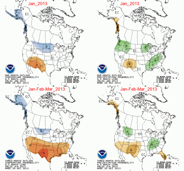 Climate Prediction Center forecast for January and January-March. Click to enlarge. 