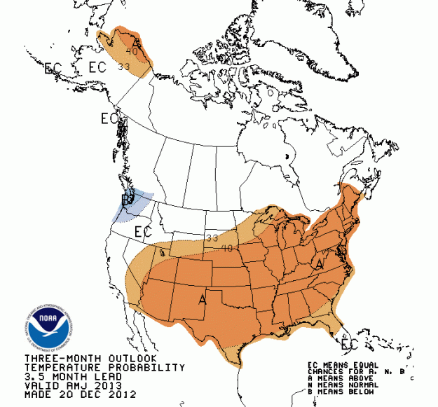 Temperature forecast for April-May from the Climate Prediction Center. Click to enlarge. 