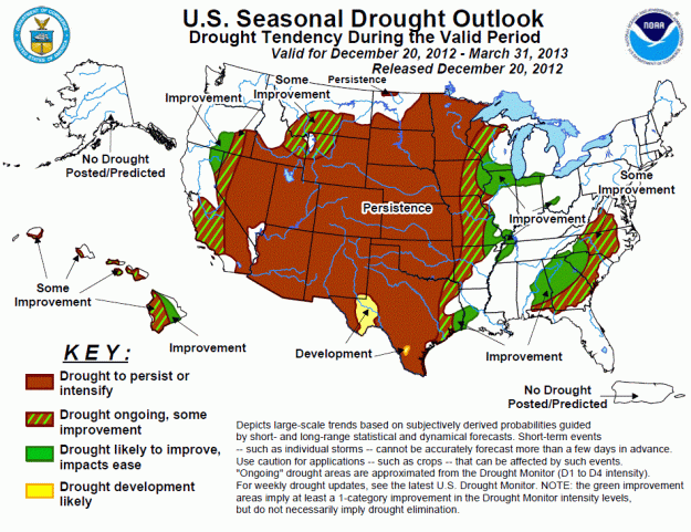 U.S. seasonal drought outlook from the Climate Prediction Center. Click to enlarge. 
