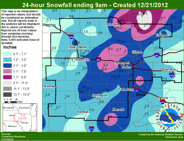 Snowfall map for December 21, 2012, produced by the NWS office in Davenport, IA. Click to enlarge. 