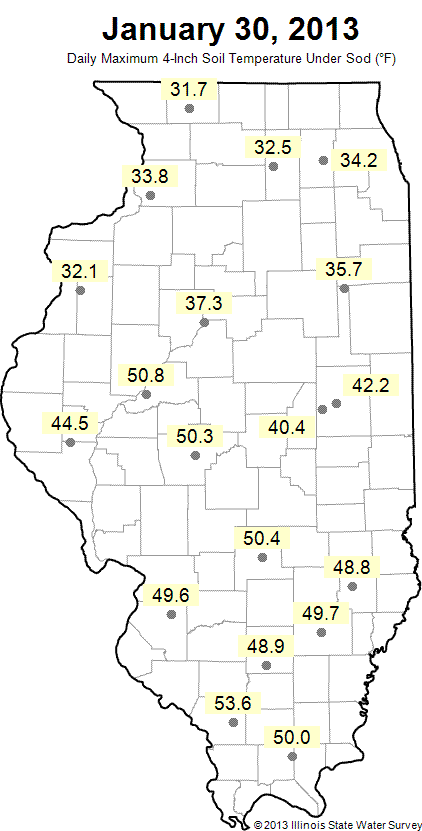 Soil temperatures at the 4 inch level under grass at 19 sites around Illinois for January 30, 2013. Data are from the Water and Atmospheric Monitoring (WARM) network at the Illinois State Water Survey. 