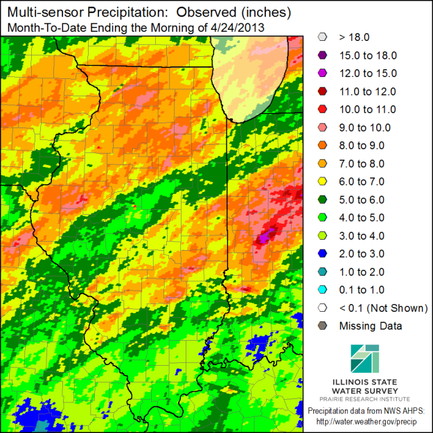 April precipitation in inches for the first 24 days of the month. Click to enlarge. 