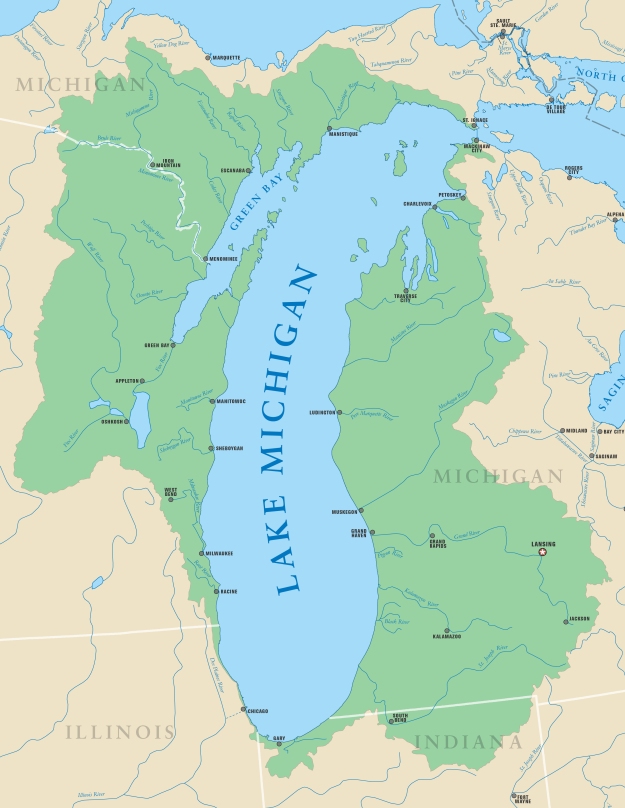 Map of Lake Michigan drainage basin. Note how little of it extends into Illinois. Map from the Michigan Sea Grant at http://www.miseagrant.umich.edu/explore/about-the-great-lakes/lake-michigan/. 