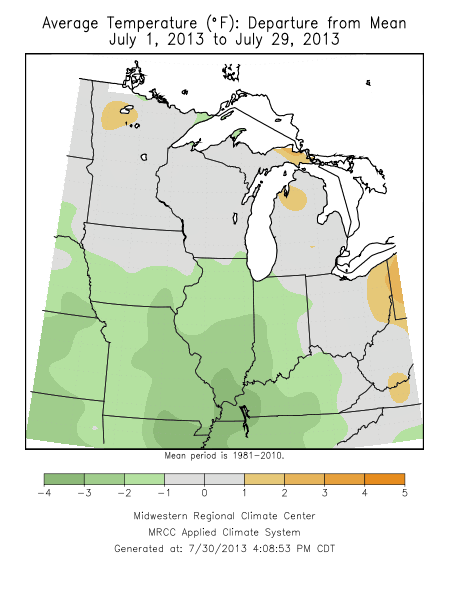 Temperature Departures for this July through the 29th. Cool weather prevails across much of the lower Midwest. 