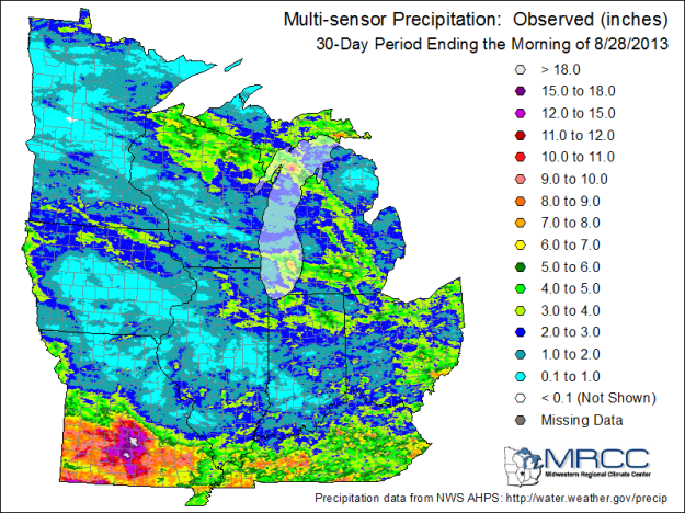 30-day precipitation across the Midwest, courtesy of the Midwestern Regional Climate Center. 